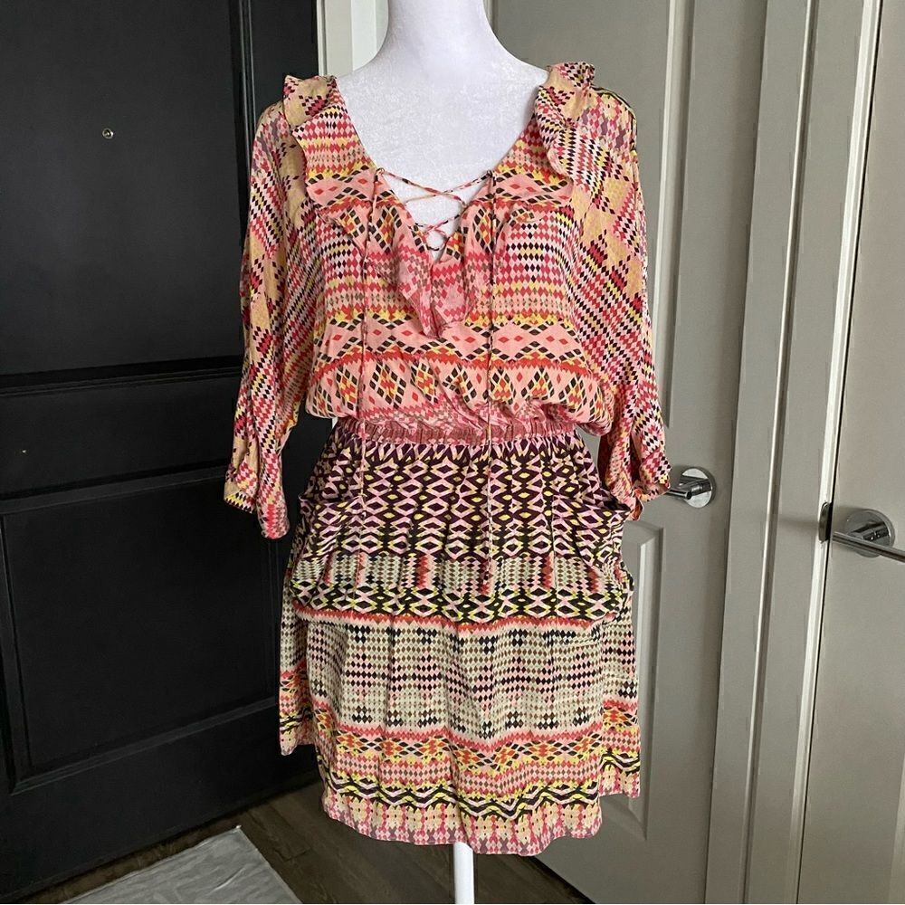 Rebecca Minkoff Multicolored Boho Ruffle Collar Mini Dress 100% Silk Size XS